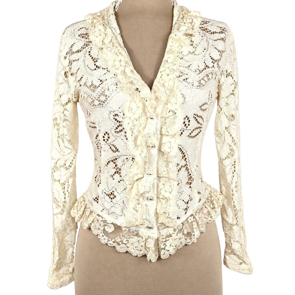 Ivory Floral Lace Ruffle Blouse Pearl Button Victorian Cottagecore Long Sleeve